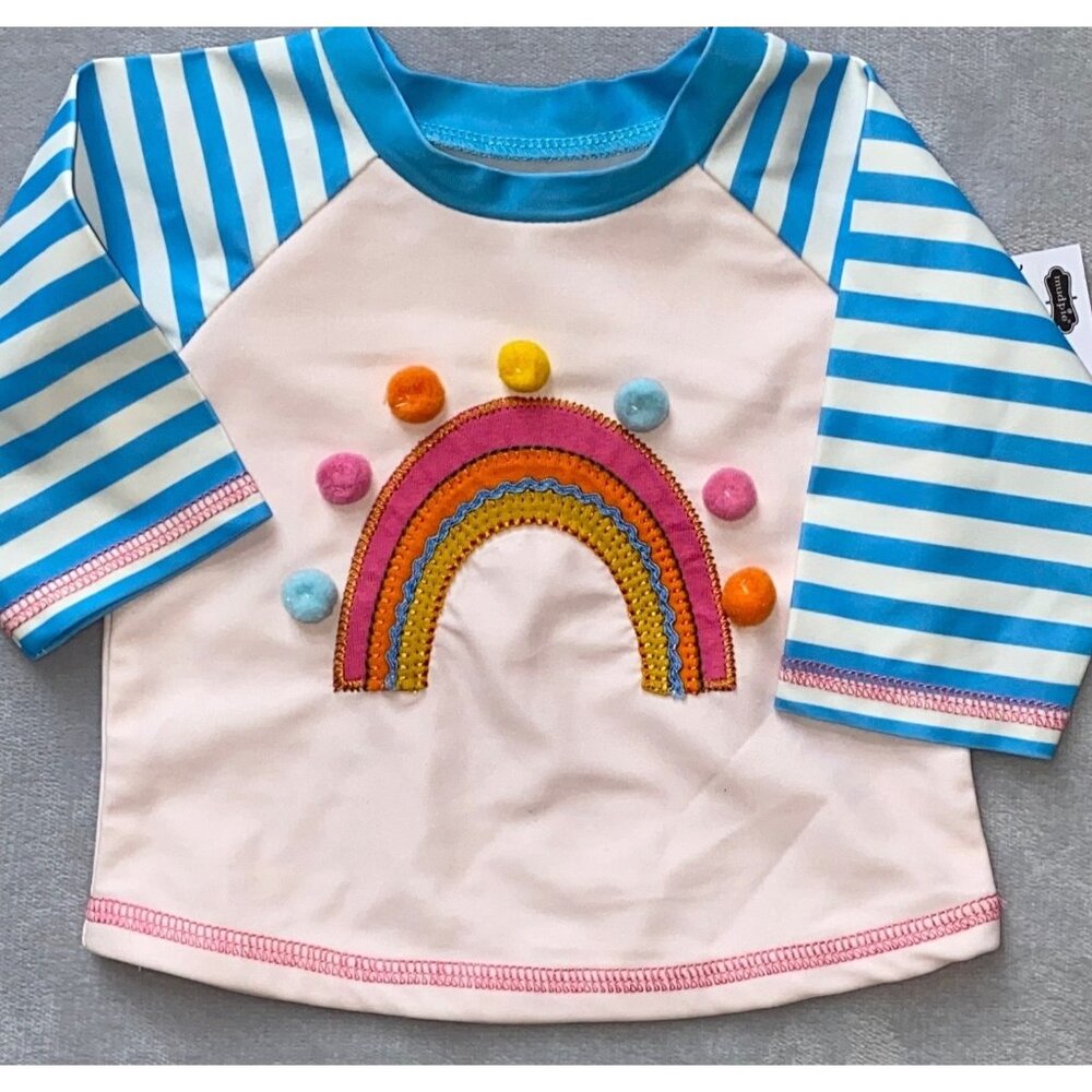 Mud Pie Rainbow swim top Rash Guard 3-6m NWOT pom pom long sleeve UPF 50+ summer